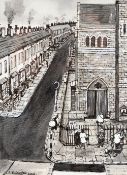 JOHN F COOPER colourwash and mixed media - street scene with church and figures, entitled verso 'A