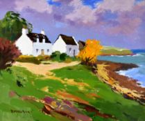 DONALD McINTYRE acrylic - white-washed buildings, entitled verso 'Cottage by the Sea', signed, 52