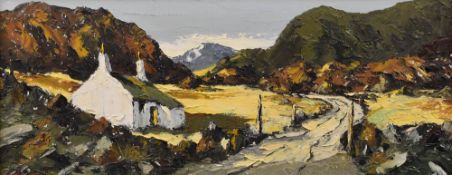 CHARLES WYATT WARREN oil on board - Snowdonia mountain lane and whitewashed cottage, entitled with