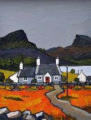 DAVID BARNES oil on board - landscape with farm and body of water, entitled verso 'Autumn Crops', 38