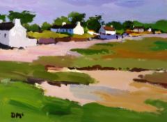 DONALD McINTYRE acrylic - coastal scene with cottages, signed with initials and entitled label verso