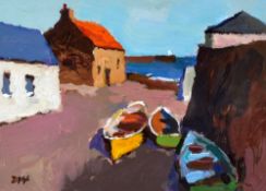 DONALD McINTYRE acrylic - fishing boats and houses with jetty entitled verso 'Ainster Shore', signed
