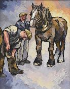 IFOR PRITCHARD oil on canvas - two quarrymen preparing to shoe their work-horse, signed, 49 x 39cms