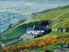 JOHN STOPS oil on board - landscape entitled verso 'Farm Above Harlech', signed and dated 1992, 39 x