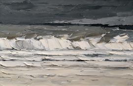 SIR KYFFIN WILLIAMS RA oil on canvas - Anglesey coastal scene with rough sea, entitled verso on