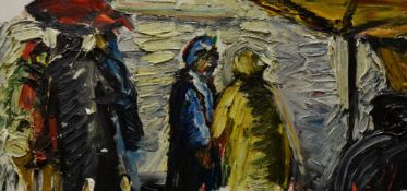 EMRYS WILLIAMS oil on board - figures and umbrella, entitled verso 'Rainy Day Study I', 1987, signed