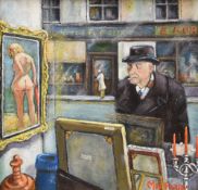 MOI (MORRIS) PARRY oil on board - a gentleman peering at 'art' through a shop-window, signed, 34 x