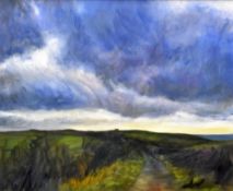 KAREN BIRKIN oil on canvas - landscape with lane and distant farm, signed with initials, 49 x 59.