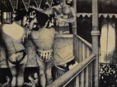 A DAVIES limited edition (2/3) monochrome print - three partly dressed men talking at a bar,