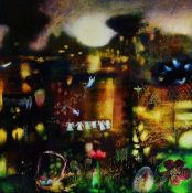 SARA PHILPOTT oil on board - landscape with easter eggs and washing line, cobwebs etc, entitled