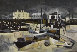 SARAH RICHARDS oil on canvas - Cardiff Bay with beached boats and buildings, entitled verso 'Mud