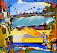 PAUL WOODFORD oil on canvas - colourful semi-abstract town scene with houses, railings and telegraph