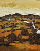 WILF ROBERTS oil on canvas - Anglesey landscape with distant whitewashed cottages, entitled on
