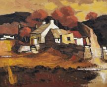 WILF ROBERTS oil on canvas - houses and lane near Red Wharf Bay, Anglesey, entitled verso 'Talgwyn