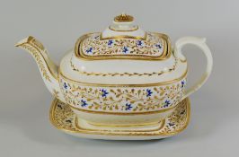 A SWANSEA TEAPOT, COVER & STAND painted with bands of blue cornflowers, red berries and continuous