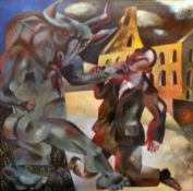 CLIVE HICKS JENKINS acrylic on Arches paper - figures and industrial building, entitled verso 'Man