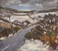 DAVID LLOYD GRIFFITH oil on board - road through the Clwydian Hills under snow with cottage and