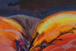 ANDIE CLAY mixed media - hilly landscape, signed and dated '97, 28.5 x 41cms