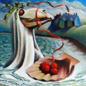 PAUL WOODFORD oil on card - folk tradition illustration with skull, ribbon and seaweed, entitled