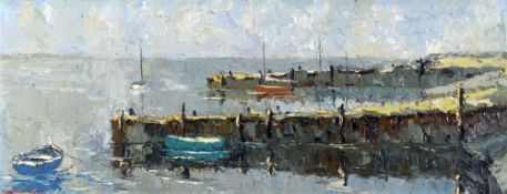 CHARLES WYATT WARREN oil on board - entitled on original label verso 'Anglesey Jetty', signed, 28