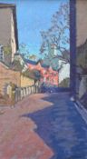 JOHN MAY acrylic on board - Quay Street, Llandeilo looking towards Six Bells House, signed and dated