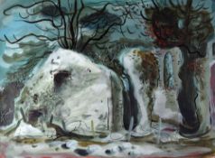 CLIVE HICKS JENKINS mixed media on Arches paper - landscape with trees and old building entitled