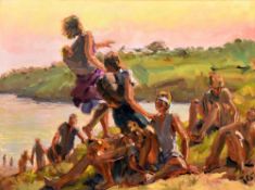 KEVIN SINNOTT oil on linen - figures of adults and children on a headland with beach below, entitled