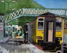 HOWELL DAVIES acrylic on board - guardsman figure and train on railway platform, entitled verso