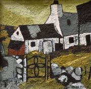 OWEN MEILIR oil on board - farmstead with wrought iron gate, signed, 29 x 29cms