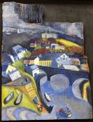 KIM JAMES WILLIAMS oil on beach-combed scrap of board - harbour scene with fishing boat, figures and