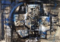 LESLIE MOORE mixed media - abstract entitled verso 'Night Town Mirage', signed and dated 1960, 46