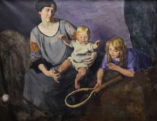 EVAN WALTERS oil on canvas - large family portrait of a mother, baby and child, the child with