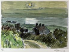 SIR KYFFIN WILLIAMS RA artist's proof coloured print - Caernarfonshire hillside cottages on a lane