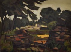 SIR KYFFIN WILLIAMS RA oil on board - Greek landscape with trees entitled verso 'Olympia', signed