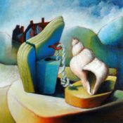 PAUL WOODFORD oil on card - illustration of maritime items with landscape and house, entitled