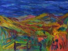 HUW HALL mixed media on Saunders Waterford paper - colourful landscape with open fields and hills,