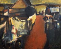 WILL ROBERTS oil on board - farm scene with figure and tractors, entitled verso 'Cae'r Bryn', signed