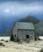 DAPHNE HURN watercolour - study of a wooden building entitled verso 'Wood Barn / Moon', signed, 17 x