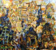 MARTIN HUMPHRIES oil on canvas - semi-abstract Thailand temples and figures, entitled 'Spirits
