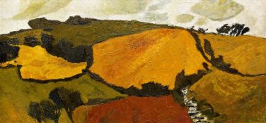 GWILYM PRICHARD oil on board - windswept hill entitled on Heals Mansard Art Gallery label verso, '