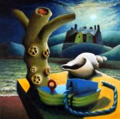 PAUL WOODFORD oil on card - surreal landscape with Maritime objects entitled verso 'Shadow Dancers',
