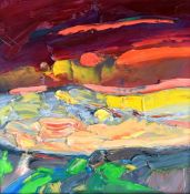 MIKE MONAGHAN oil on board - landscape at sunset, signed with initials, 28 x 29cms