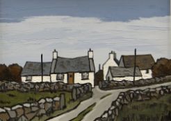 DAVID BARNES oil on board - cluster of houses at a fork in the road with dry stone walls and blue