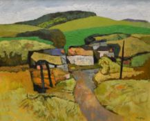 JOHN ELWYN oil on board - landscape with lane and buildings with open fields beyond, artist's