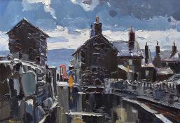 EDWIN (ED) FORREST RCA oil on board - a wet and rainy Blaenau Ffestiniog street with figure and