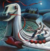 PAUL WOODFORD oil on card - folk tradition illustration with skull, ribbon and seaweed, entitled