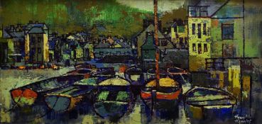HYWEL HARRIES oil on board - Cornish harbour at Polperro with rowing boats and clusters of houses,
