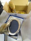 A shoe-pin cushion, a silver oval portrait frame, vintage compact etc