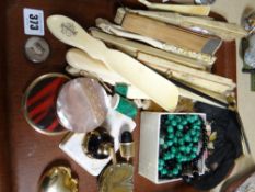 A collection of fans, an embroidery purse, compacts etc