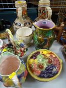 A parcel of large pottery items including a Majolica-style jug